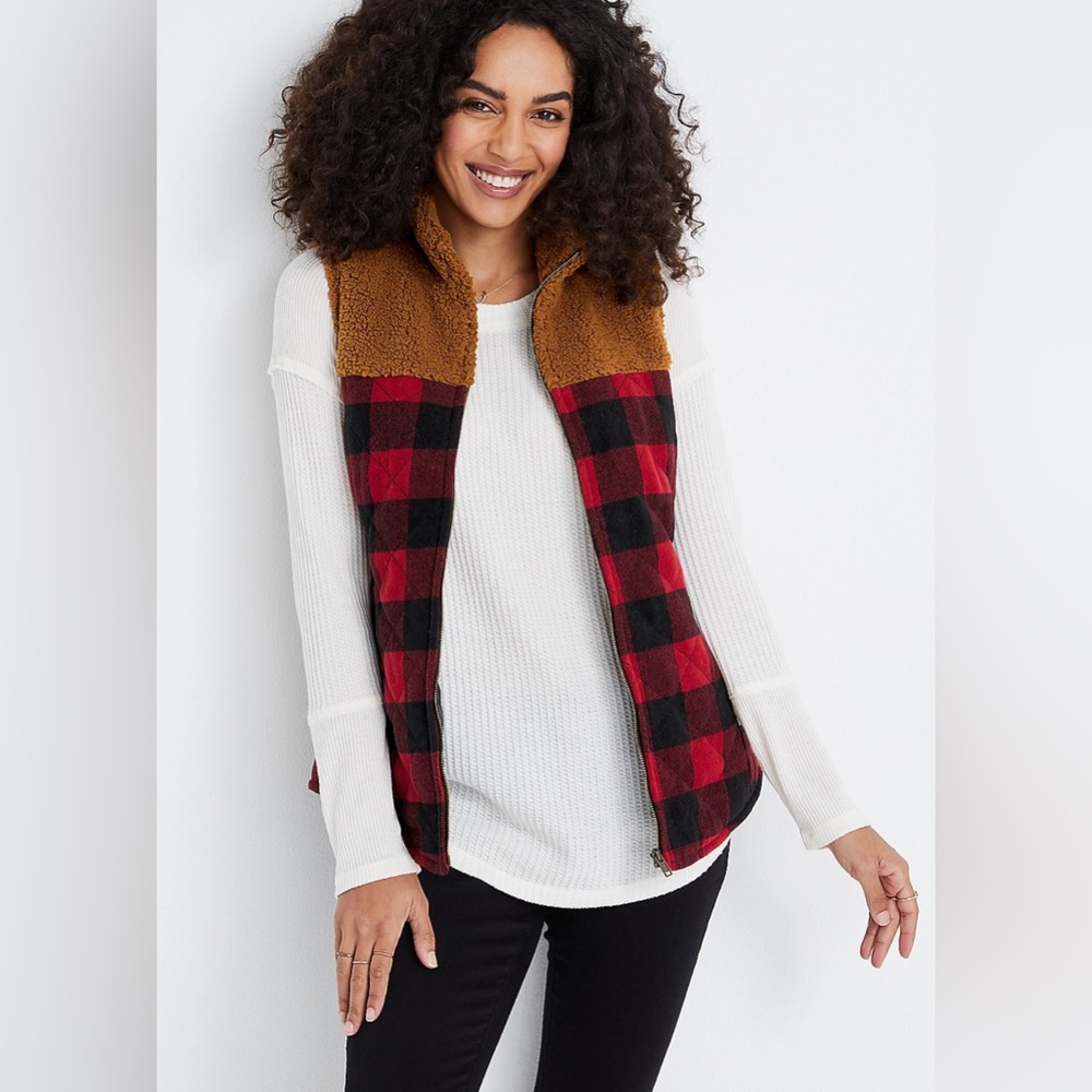 Plus Size Buffalo Plaid Sherpa Block Vest 3X